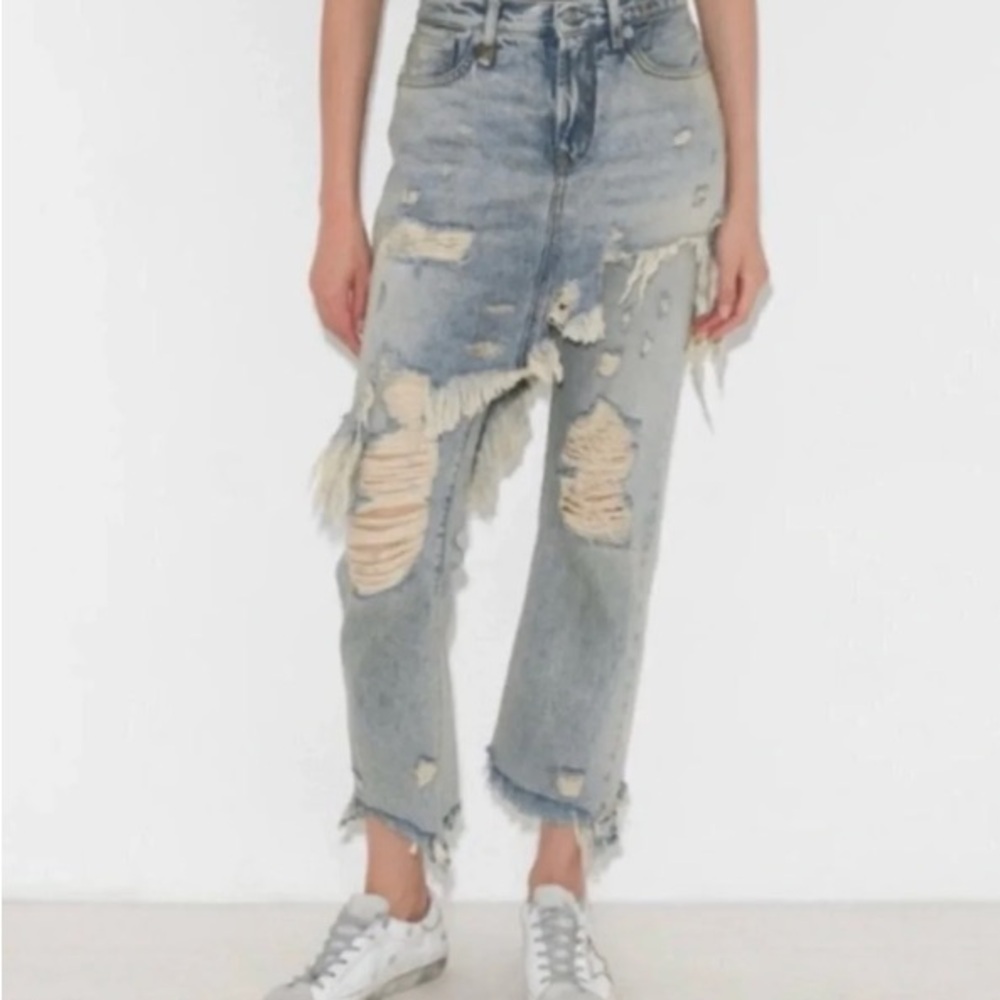R13 Double Classic Shredded Skirt Jeans 28 Leyton Blue Distressed Layered Denim - Picture 7 of 14